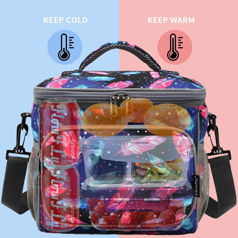 FlowFly Insulated Reusable Lunch Bag Adult Large Lunch Box for Women and Men with Adjustable Shoulder Strap,Front Zipper Pocket and Dual Large Mesh Side Pockets,Feather - Image 2